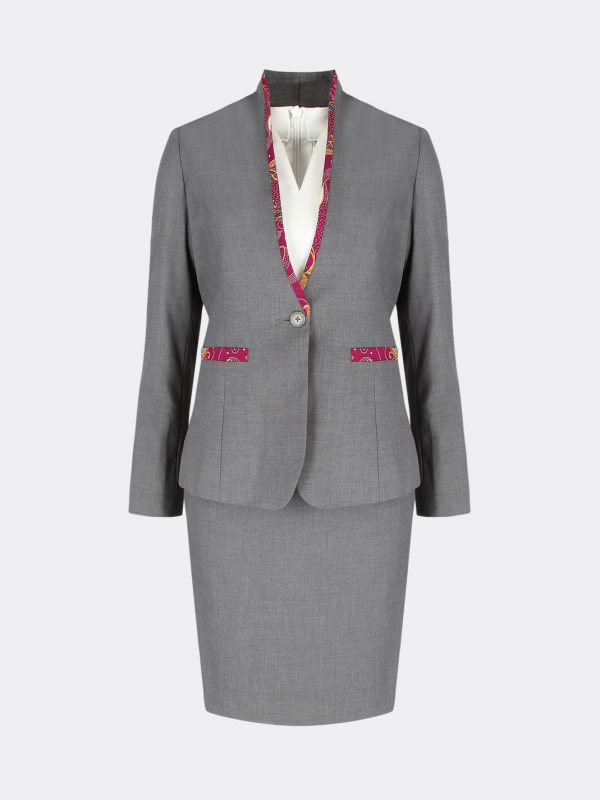 Modern front desk female jacket with batik trim